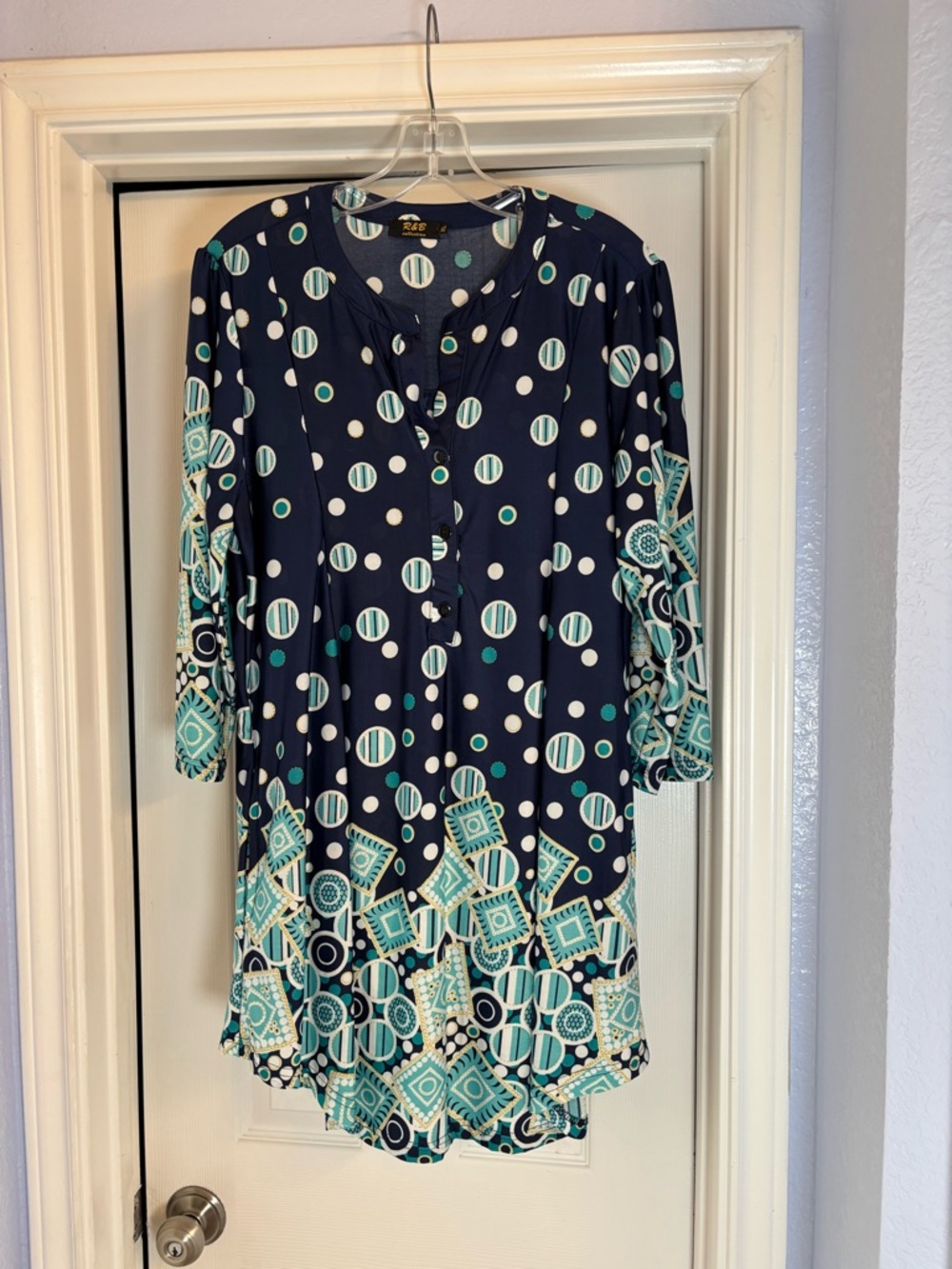 Navy & Turquoise Geometric Print Split-Neck Tunic